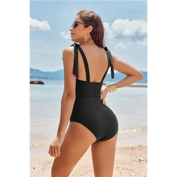 Women's One Piece Swimsuit Belted Tummy Control Square Neck Tie Shoulder